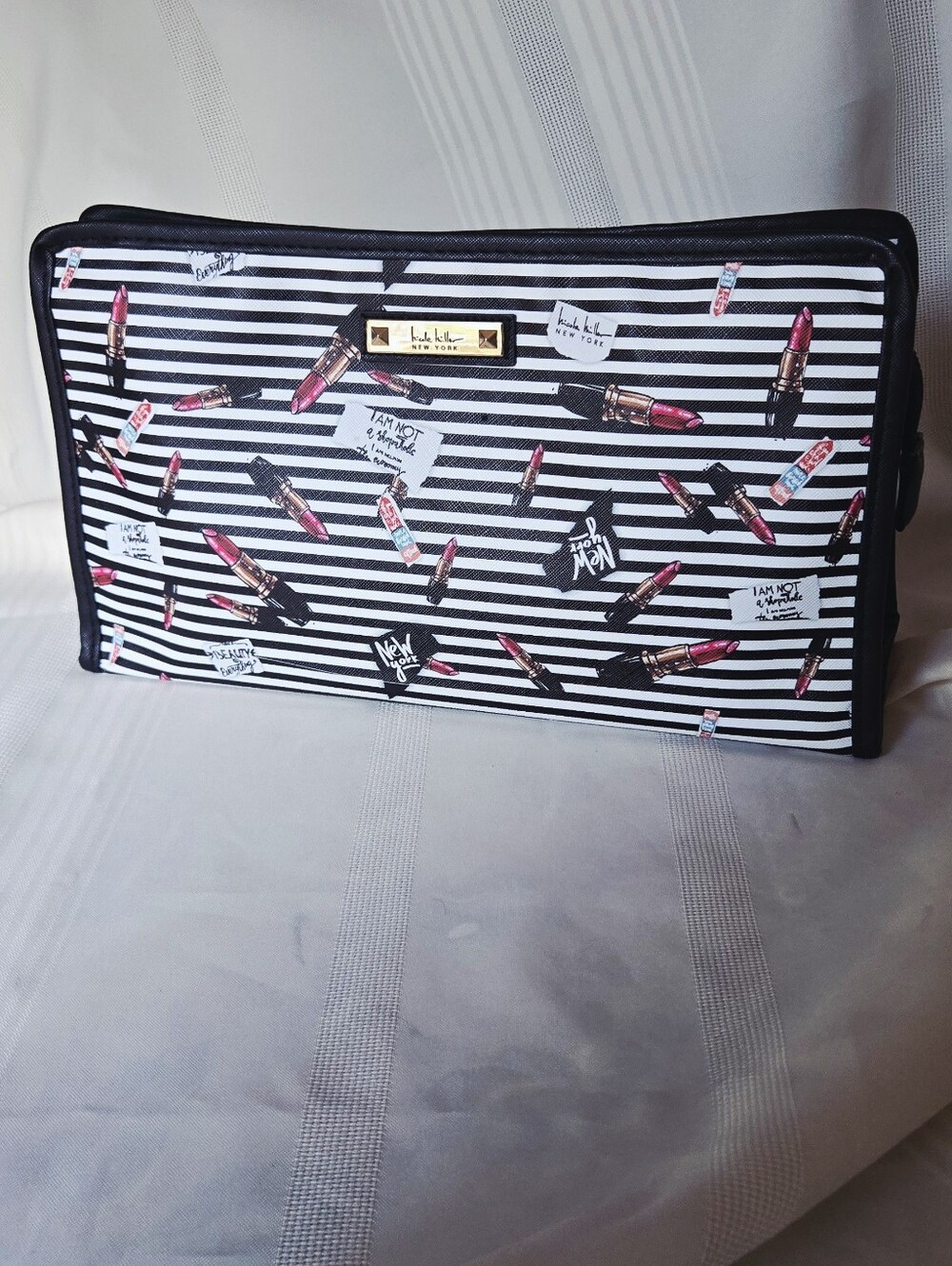 Like New Nicole Miller Black & White Striped Cosmetic Bag